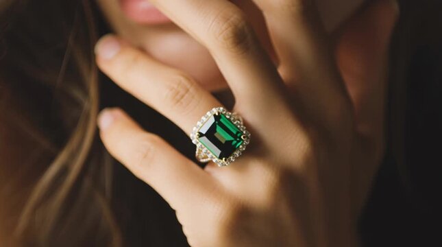 Ultra-realistic portrait video of a young European woman, natural beauty, soft facial features, cinematic lighting, wearing a luxury Colombian emerald ring with diamond halo, focus on jewelry, warm pa