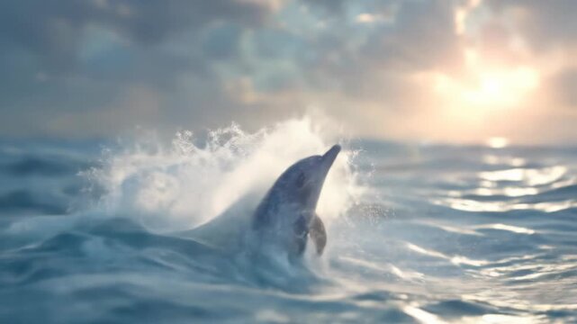 Dolphin breaching through misty ocean waves at sunrise, with a bird perched on its rostrum