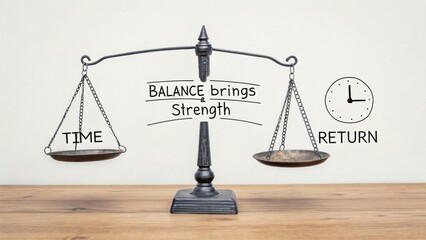 Concept of Balance with Scales Representing Time and Return on Strength and Stability in Investments and Life Choices