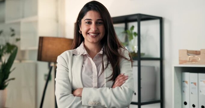 Happy, face and woman with arms crossed, office or career development for paralegal, laugh and pride. Confident, legal assistant and person with opportunity in law firm, smile and ambitious in India