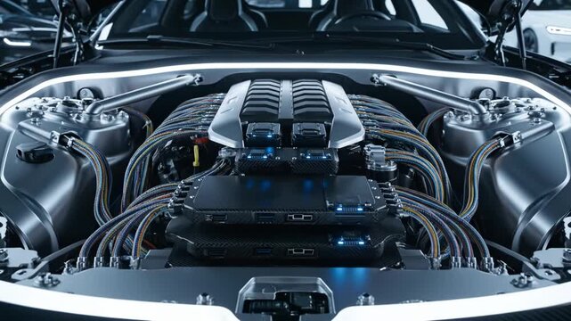 Close-up view of a modern car engine with detailed components and wiring.