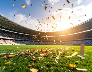 Large stadium filled with people and confetti celebration