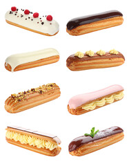 Nine assorted ?clairs, showcasing various toppings and glazes.