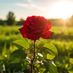 Red rose in sunlit field with dewdrops and bokeh!!