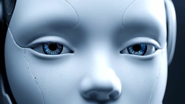 Advanced Humanoid Robot Crying a Single Tear in an Emotional Cinematic Close-Up
