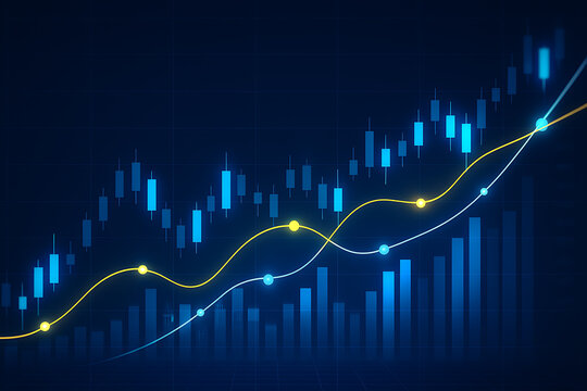 Abstract glowing candlestick chart with yellow and white moving average lines representing financial growth and analysis