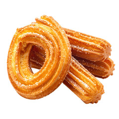 Close-up of sugared, golden-brown churros.  Three overlapping,  spiral-shaped pastries, dusted with powdered sugar.  Soft focus, isolated on black