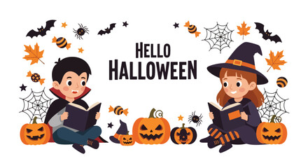 Adobe illustrator artwork vector illustration. Adorable kids in Halloween costumes reading spooky stories. Perfect for children's books, holiday promotions, and educational materials