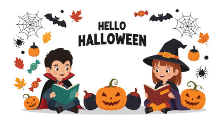 Adobe illustrator artwork vector illustration. Adorable kids in Halloween costumes reading spooky stories. Perfect for children's books, holiday promotions, and educational materials