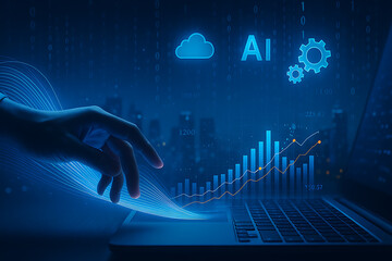 Business technology development with AI cloud services and financial growth analytics visualization on modern laptop