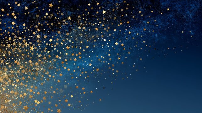 Modern holiday composition with smooth deep blue gradient, delicate golden stars clustered in corner, vast empty area ideal for adding festive typography or elegant seasonal greetings.