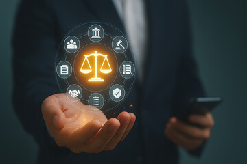 Businessman hand holding glowing justice scale hologram representing law fairness legal balance ethical decision and governance