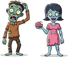 Cartoon zombies illustration, funny undead couple, spooky characters with brain, horror artwork, Halloween design, creepy monster drawing, surreal fantasy, scary artwork