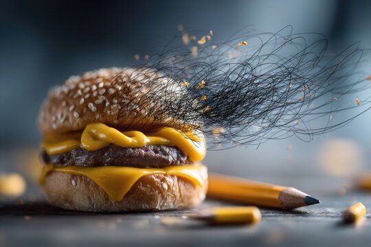 Burger merges with pencil, artful food fusion scene