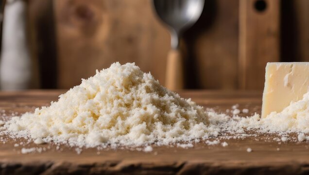 Grated Parmesan Cheese Pile on Wooden Surface with Cheese Block.