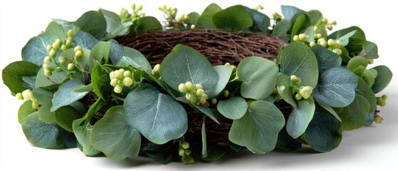 Foliage wreath with berries on woven twig base