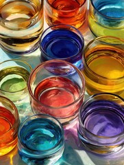 Array of small glasses filled with rainbow-colored liquids