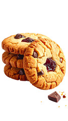 Stack of chewy cookies, filled with chocolate chips and dried cherries.  A piece of chocolate sits beside the cookies