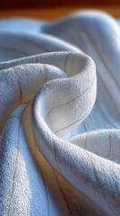 Rolled, striped fabric drapes in soft light, creating texture