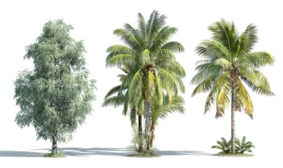 Three tree types stand against a white background
