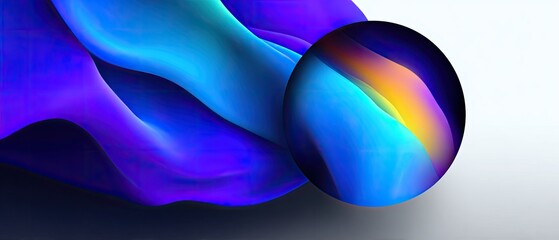 Flowing blues, purples and sphere on soft white background