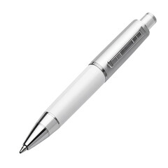 A white ballpoint pen, angled shot.  Features a slim, rectangular barrel with slightly recessed panels.  A silver-toned tip and cap