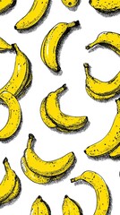Banana pattern yellow fruits sketched on a white background