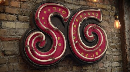 Illuminated red & white lettered sign on brick wall