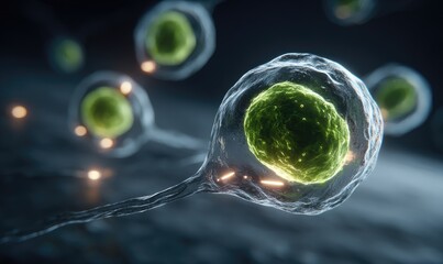 Cells with luminous green nucleus, attached, detailed view
