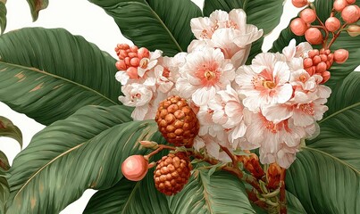 Botanical Blossoms, berries, leaves. Vintage, painterly style