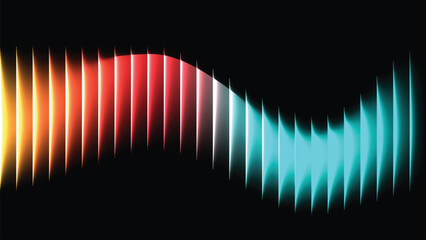 Abstract glowing wave of vertical light bars transitioning from yellow to red to cyan background