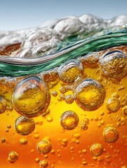Amber liquid with bubbles, close-up macro view