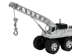 A detailed, silvery toy crane with a hook, large tires, and a black top