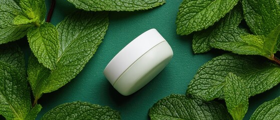 Cream jar with mint leaves on a green surface