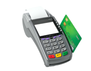 Close-up of a point-of-sale terminal with credit card inserted, receipt paper visible