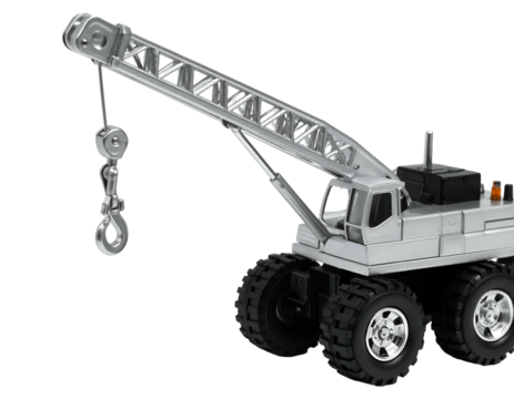 A detailed, silvery toy crane with a hook, large tires, and a black top