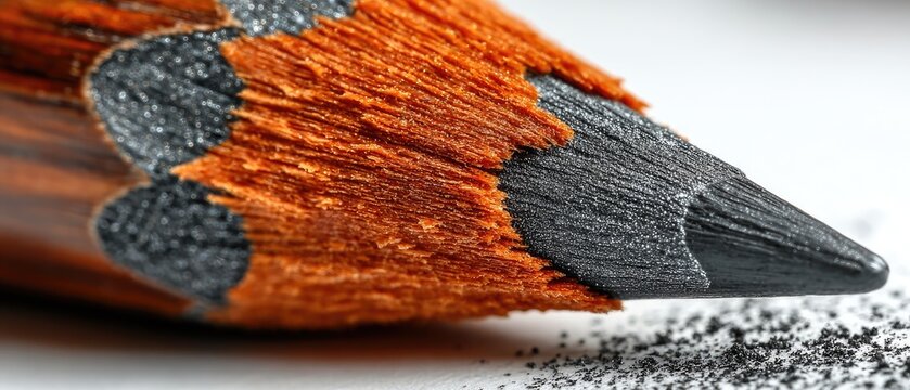 Sharpened pencil point, lead dust, textured wood close up