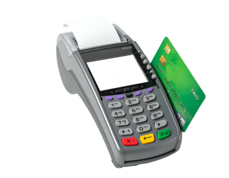 Close-up of a point-of-sale terminal with credit card inserted, receipt paper visible