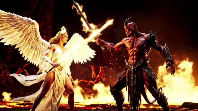 Angel vs. Demon Epic Battle in Fiery Realm
