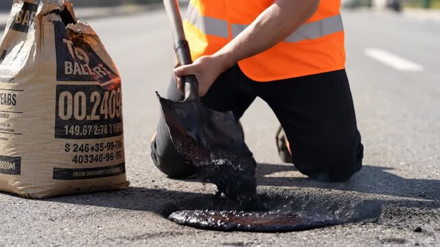 Worker in safety vest applying asphalt patch on road surface.