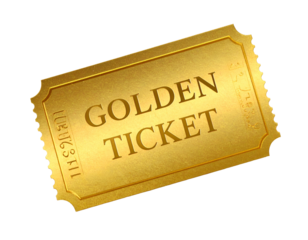 A shimmering, golden ticket with "GOLDEN TICKET" text, jagged edges, black background