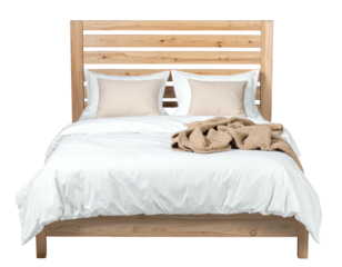 Wooden bed with horizontal headboard, white bedding, pillows, and a blanket