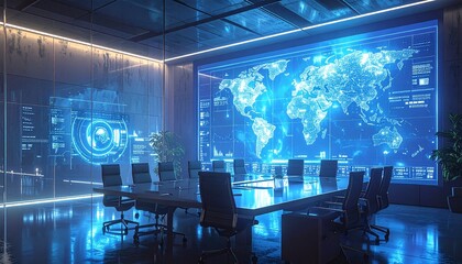 Modern office meeting with hologram wall displaying supply chain analytics, collaboration, and logistics visualization in corporate space