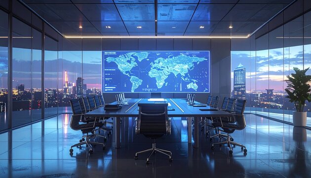 Modern office meeting with hologram wall displaying supply chain analytics, collaboration, and logistics visualization in corporate space