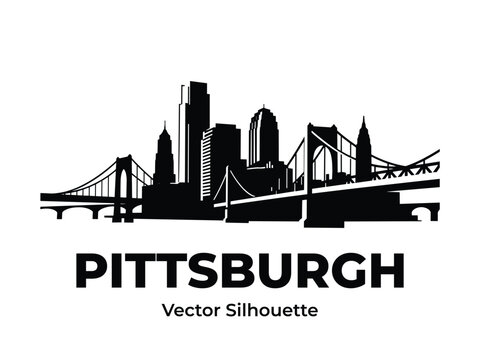 detailed Pittsburgh skyline vector silhouette with bridges and landmark buildings