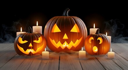 Fototapeta premium Minimal Halloween flat lay border on dark purple background, with pumpkins, spider web, and a three witch hat, clean central copy space