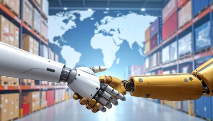 Robot shaking hands with hologram logistics map in background, symbolizing AI collaboration, automation, and futuristic supply chain
