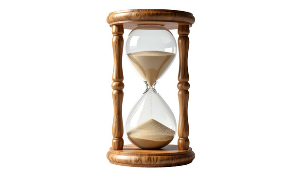 Wooden hourglass with sand flowing, measuring time against black background