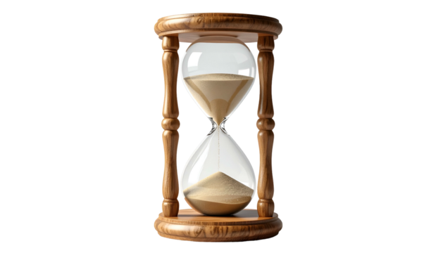 Wooden hourglass with sand flowing, measuring time against black background