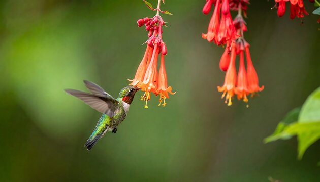 Tiny Hummingbird Sipping Nectar from Vibrant Red Flowers - Powered by Adobe